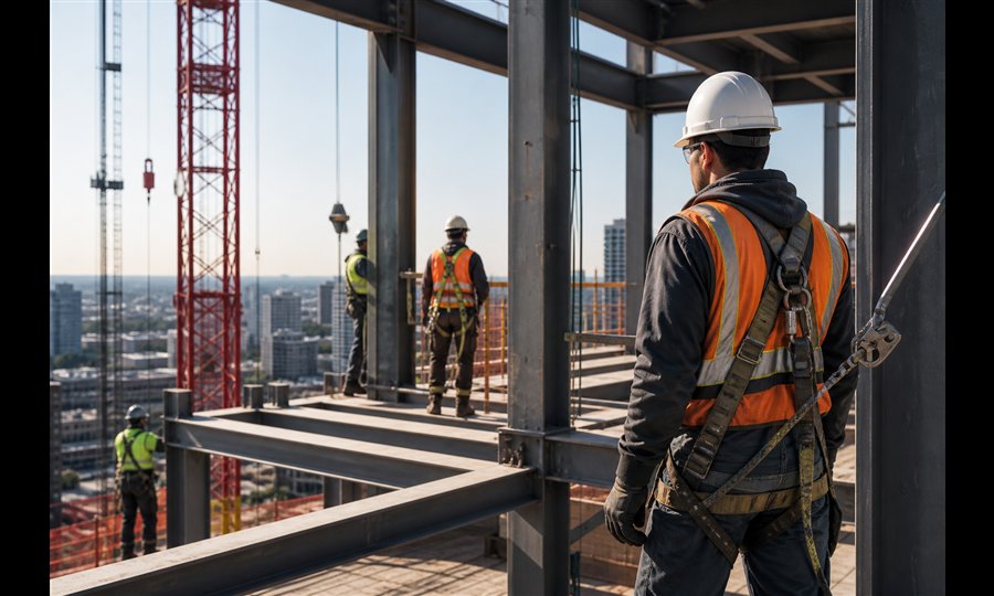 Personal con equipo de protección en una obra de construcción