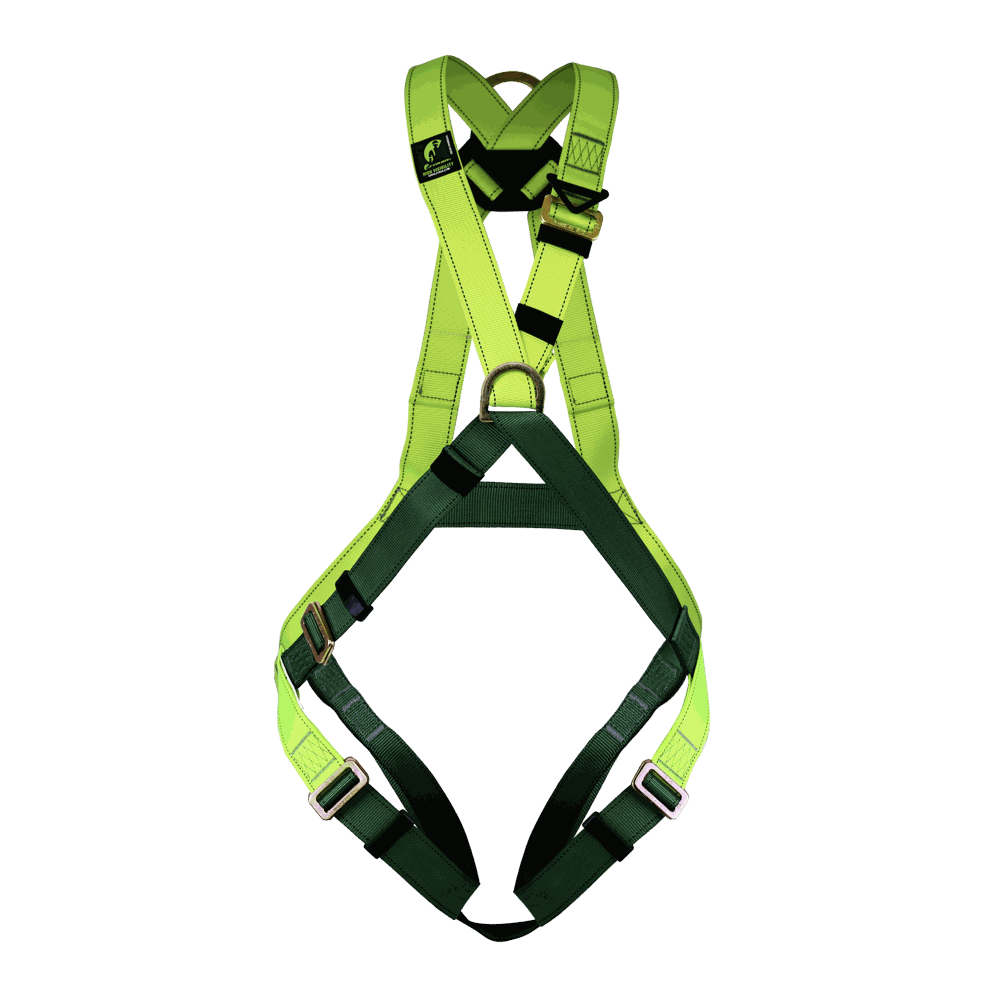 Arnés de cuerpo completo con anillos “D” en espalda y pecho.
Full body harness with “D” rings on the back and chest.