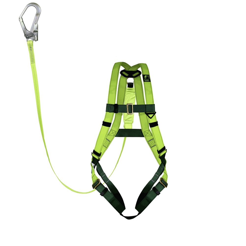 Arnés de cuerpo completo y amortiguador de banda con gancho chico.
Full body harness and shock-absorbing lanyard with small hook.