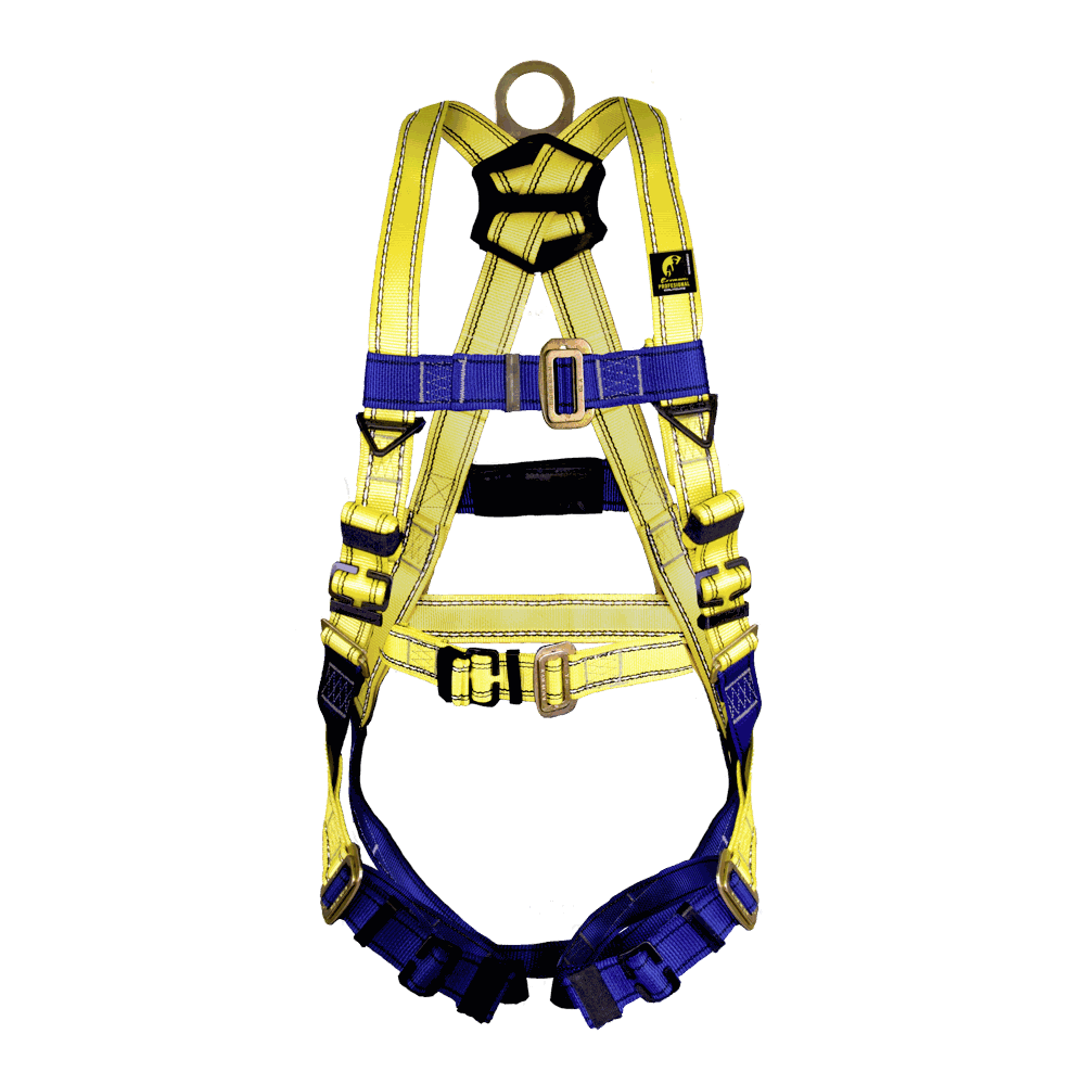 Arnés de cuerpo completo con anillo “D” en la espalda, y con cinturón.
Full body harness with “D” ring on the back, & with belt.