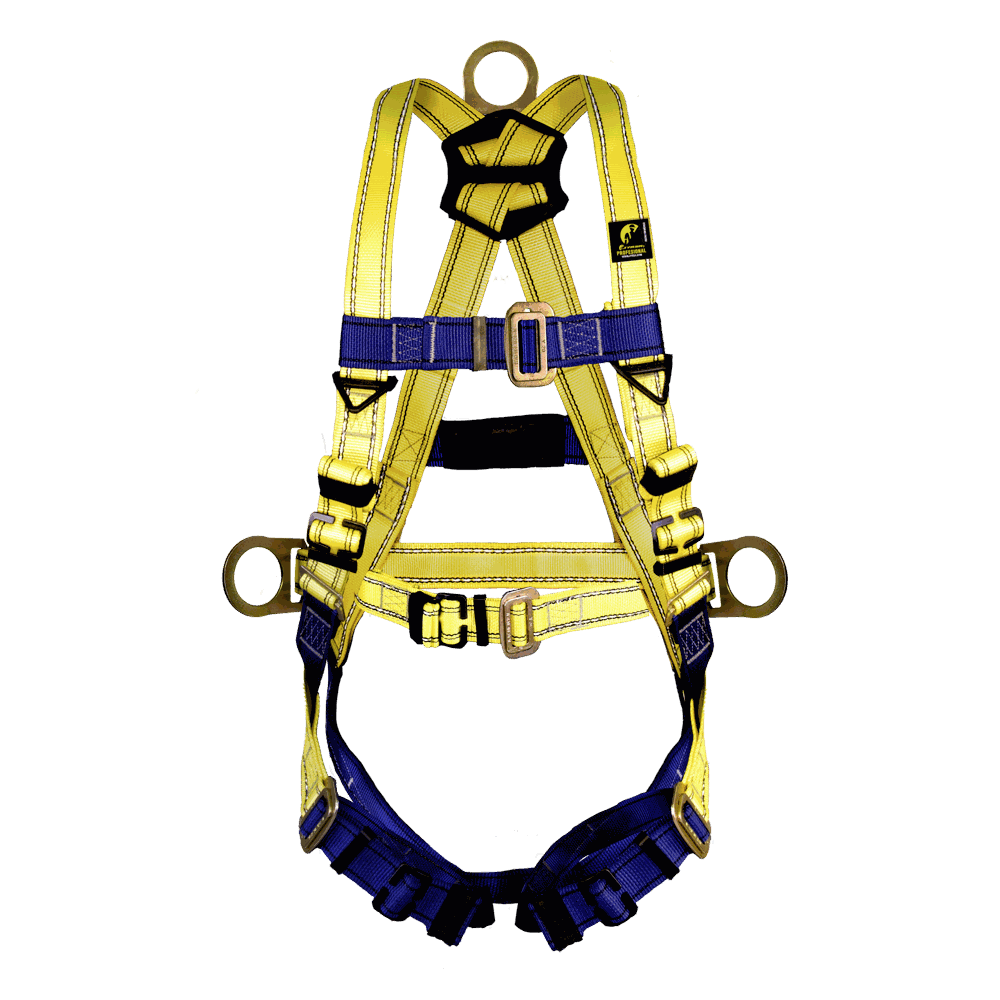 Arnés de cuerpo completo con anillos “D” en espalda y costados, y con cinturón.
Full body harness with “D” rings on the back and sides, & with belt.