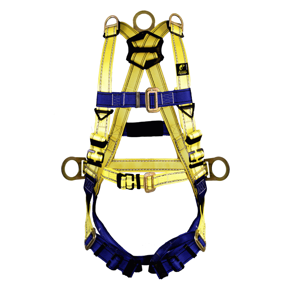 Arnés de cuerpo completo con anillo “D” en la espalda, hombros y costados, y con cinturón.
Full body harness with “D” rings on the back, shoulders, and sides, & with belt.
