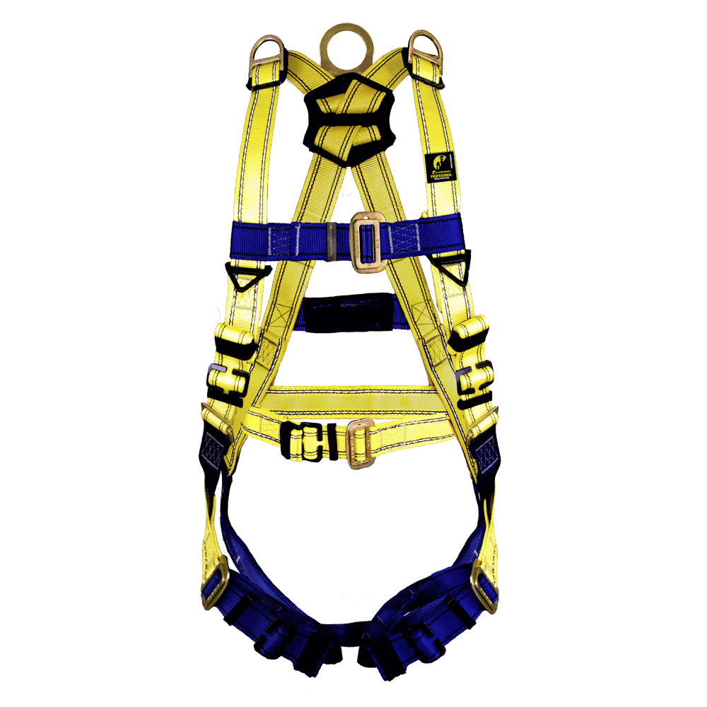 Arnés de cuerpo completo con anillo “D” en la espalda y hombros, y con cinturón.
Full body harness with “D” ring on the back and shoulders, & with belt.