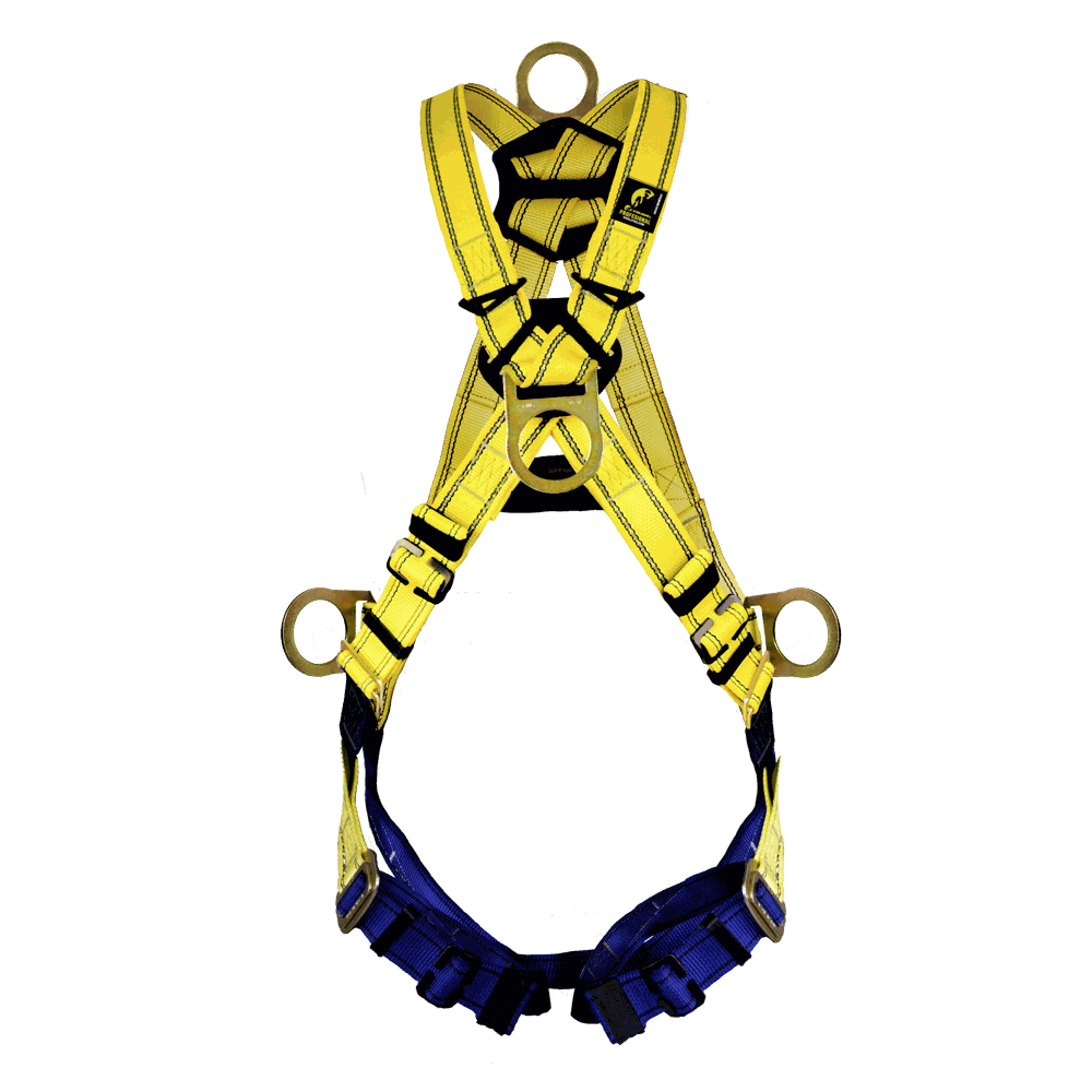 Arnés de cuerpo completo con anillos “D” en espalda, pecho y costados.
Full body harness with “D” rings on the back, chest, and sides.