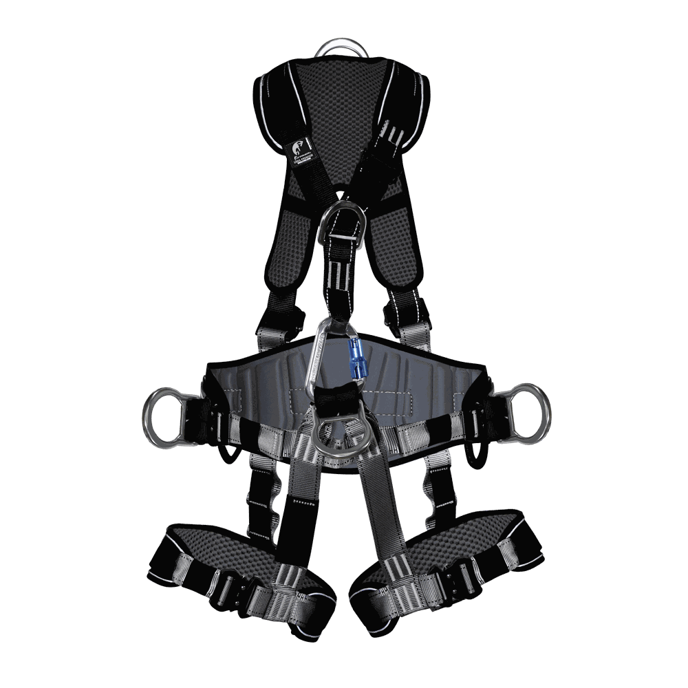 Arnés de cuerpo completo con anillos “D” dieléctricos en espalda, pecho y costados.
Full body harness with dielectric “D” rings on the back, chest, and sides.
