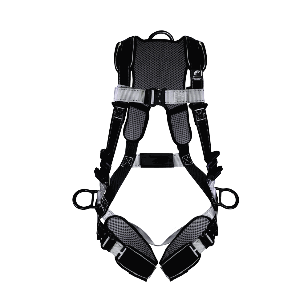 Arnés de cuerpo completo con anillos “D” en espalda, pecho y costados.
Full body harness with “D” rings on the back, chest, and sides.