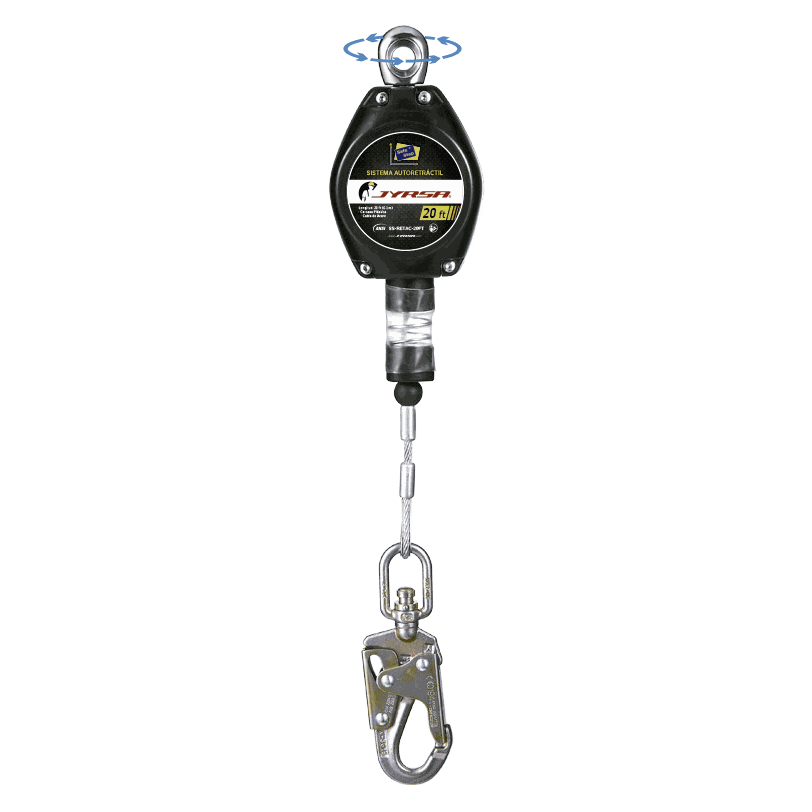 Retráctil con cable de acero 20ft.
Self-retracting lifeline with 20ft steel cable.