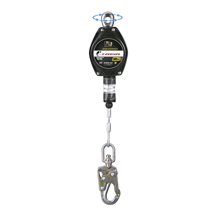 Retráctil con cable de acero 50ft.
Self-retracting lifeline with 50ft steel cable.