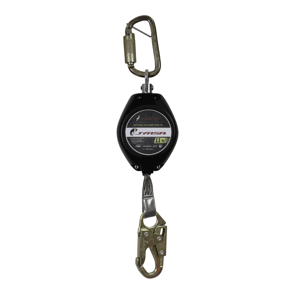 Retráctil con banda de poliéster.
Self-retracting lifeline with polyester strap.